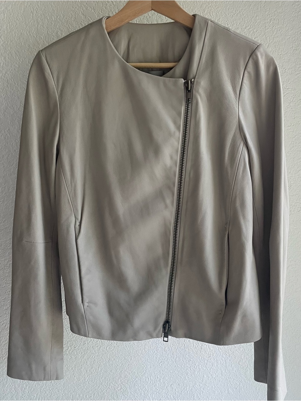 Vince Asymmetric Zip Leather Jacket - Light Gray